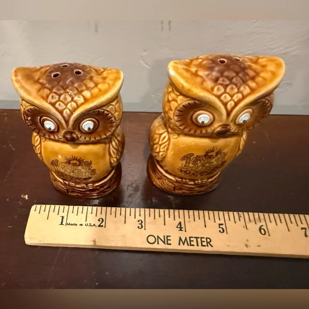 Vintage Owl Salt and Pepper Shakers Brown Ceramic‎ moving eyes made in Japan